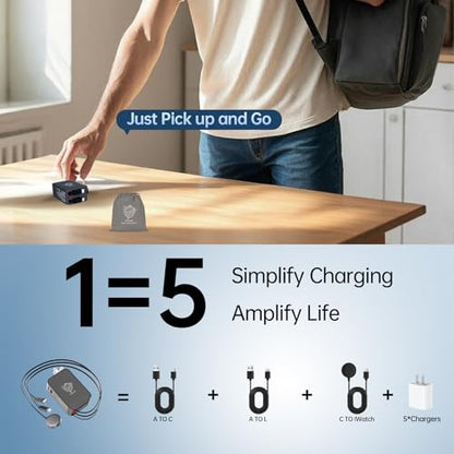 Retractable Apple Watch Charger, 5 in 1 Wall Charger with 3 Retractable Cables for Older iPhones & USB-C Devices, 35W Foldable Charger Block for iPhone 17/16/15/14, iPad, AirPods (Gray) - color: Gray