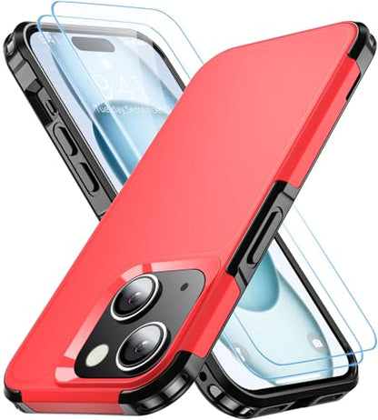 Shockproof for iPhone 15 Case,[15 FT Military Grade Drop Protection],with 2X [Tempered Glass Screen Protector ] with Air Bumpers Full-Body Protective Phone Case,Red Black - color: Red Black