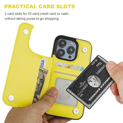 ONETOP for iPhone 15 Pro Wallet Case with Credit Card Holder,Yellow | Kickstand,ID/Cash Holder,Case Wallet with Card Slots,Double Magnetic Clasp,Durable PU Leather Shockproof Cover for Women Men - color: Yellow