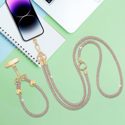 Crystal Phone Strap Crossbody and Wrist Lanyard, Anti Theft Layered & Wrist Strap Cell Phone Neck for Women - color: Light Brown a