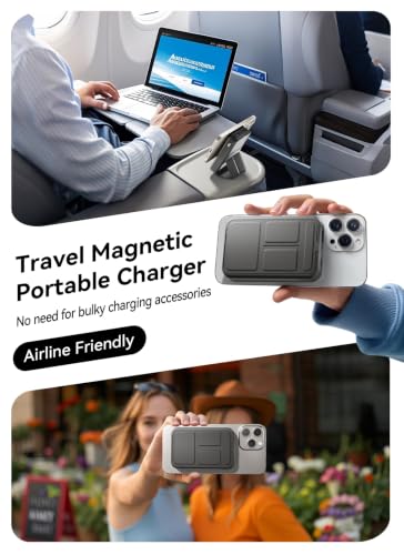 Magnetic Portable Charger, 10000mAh Power Bank with Leather Foldable Stand | Fast Charging, USB-C Cable, LED Display, Wireless Battery Pack for iPhone 17/16/15 All Series & AirPods, Deep Black