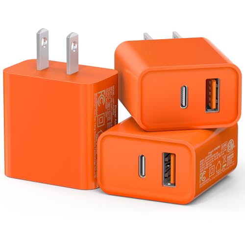 3 Pack USB C Wall Charger, 20W Durable Dual Port QC+PD 3.0 Power Adapter, Double Fast Plug Charging Block for Phone 14/15/16/17 Pro/Pro Max/Plus, XS/XR/X, Watch Series 8/7 Cube - color: Tangerine Red