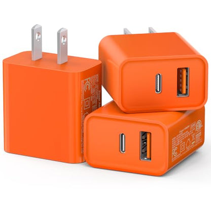 3 Pack USB C Wall Charger, 20W Durable Dual Port QC+PD 3.0 Power Adapter, Double Fast Plug Charging Block for Phone 14/15/16/17 Pro/Pro Max/Plus, XS/XR/X, Watch Series 8/7 Cube - color: Tangerine Red