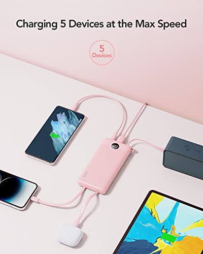 VRURC Portable Charger, Slim Power Bank Built-in 4 Cables, Travel Essential - color: Pink