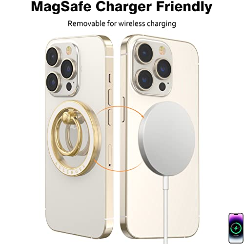 Allengel Magnetic Phone Grip for Mag Safe, Magnetic Ring Holder Compatible with Mag Safe Phone Ring, 360°Rotating Finger Kickstand for iPhone 17 16 15 14 13 12 Pro Max & Android Phone - color: Gold and white ceramic