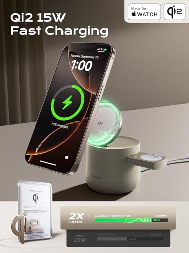 THREEKEY 4 in 1 Qi2 Magnetic Wireless Charging Station, 15W Fast Charger with Made for Apple Watch Charging Module, for iPhone 18–12 Series & AirPods, 65W Adapter Included - color: Sand