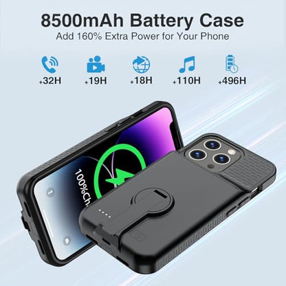 GIN FOXI Battery Case for iPhone 14 Pro Max/14 Plus/13 Pro Max/12 Pro Max, Rechargable Charging Case with Stand 8500mAh Portable Extended Case Cover for 14 Pro Max,14Plus,13/12Pro Max Black - size: for 14px/13px/12px