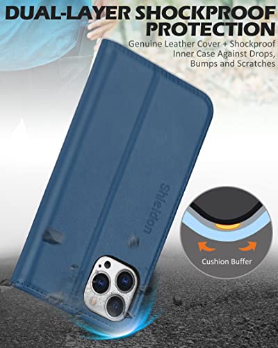 SHIELDON Genuine Leather Wallet Case for iPhone 13 Pro Max 2021, Royal Blue | RFID Blocking, Credit Card Holder, Magnetic Closure, Kickstand, Folio Design, Shockproof Phone Cover - color: Royal Blue