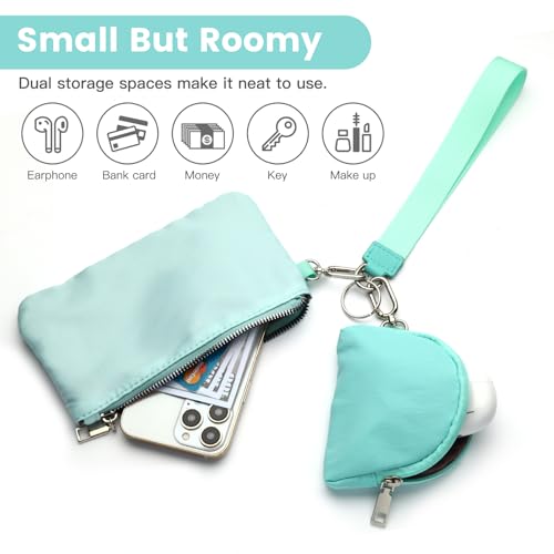 Mini Zip Around Wristlet Wallet, Dual Pouch Keychain Coin Purse for Women | Phone wallet design, detachable pouches, waterproof nylon, zipper closure, card holder, travel and daily essentials organizer - color: Light Blue+Dark Blue
