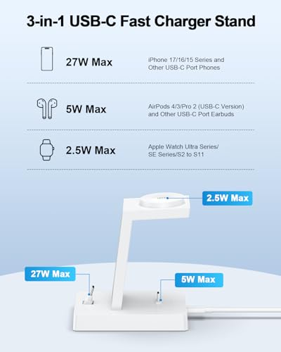 30W Fast Charging Station for Apple Devices - ADADPU 3 in 1 USB C Charger Stand for iPhone 18 Pro Max 17 16 15 & AirPods 4, Wireless Charger Dock Compatible with Apple Watch Ultra/10/9/8/7/6/5/4/3/SE - color: Classic White