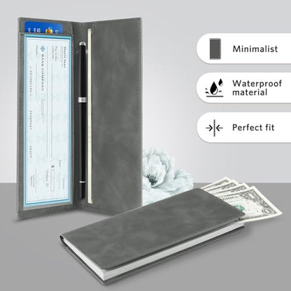 CoBak Checkbook Cover for Women & Men - PU Leather Case with RFID Blocking | Classic Design Check Book Holder for Personal and Business - color: Dark Gray