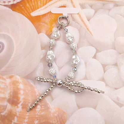 Cute Phone Wrist Strap Chic Beaded Cellphone Lanyard Phone Charm Grip Strap - color: Silver Pearls