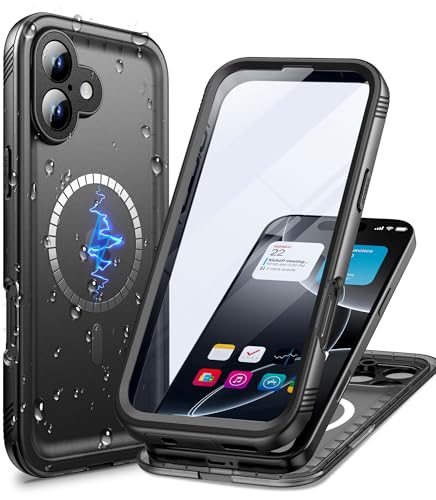 Cozycase for iPhone 16 Waterproof Magnetic Case TOP Protective Black | Compatible with MagSafe Heavy Duty 360 Full Body Shockproof Dustproof with Screen Camera Protector Hard Front Back Cover - color: Frosted Black, size: For iPhone 16