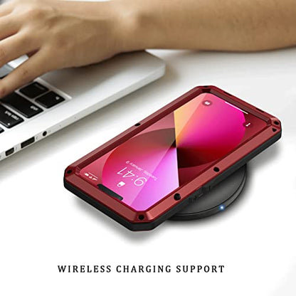 Lanhiem for iPhone 13 Metal Case, Heavy Duty Shockproof Tough Rugged Case with Built-in Glass Screen Protector, 360 Full Body Protective Cover for iPhone 13 6.1 inch, Red - color: Red