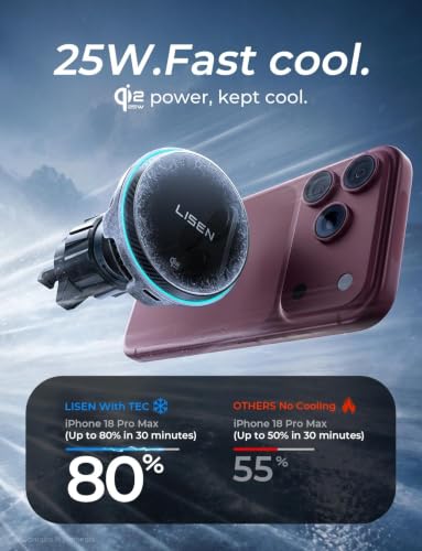 LISEN for iPhone 18 Pro Max Car Charger Mount Holder for Qi2.2 25W Cooling