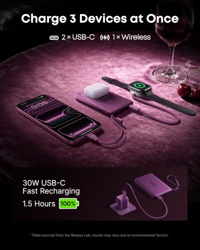 Baseus Picogo AM52 MagSafe Power Bank, Qi2.2 25W 10,000mAh Magnetic Portable Charger, 0.6" Slim Built-in 45W USB-C Cable, Fast Charging Battery Pack for iPhone Duo/18 Pro Max/17/16/15/14/13/12 Only - color: Dark Cherry