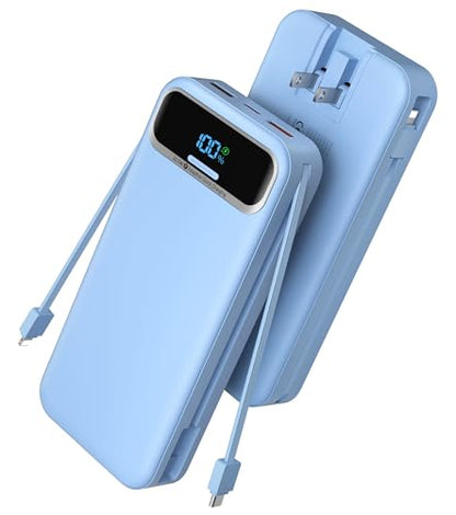 Nusyddy Portable Charger 20000mAh Fast Charging w/Built-in Wall Plug Blue - color: Azure