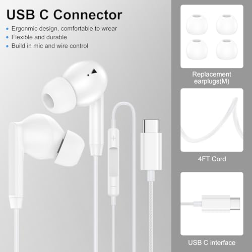 USB C Earphones Wired Headphones for iPhone 17 17 Pro Max Plus 16 16e 15 - color: White