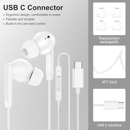USB C Earphones Wired Headphones for iPhone 17 17 Pro Max Plus 16 16e 15 - color: White