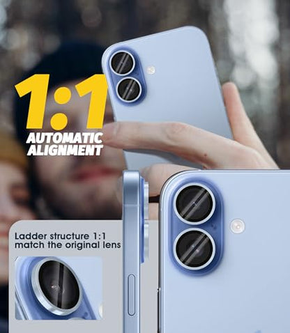 Orzero (3 Sets) Camera Lens Protector Compatible for iPhone 17 6.3"/16 6.1”/16 Plus 6.7“, Protector de Cámera One-Step Installation Tray Individual Metal Ring Glass Cover Case Friendly - Light Blue
