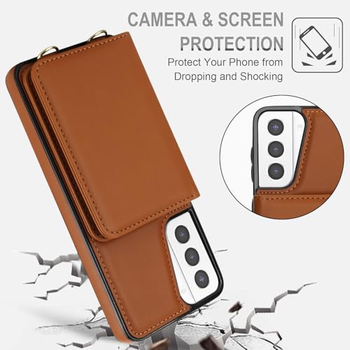 Phone Case for Samsung Galaxy S21 Plus S21+ 5G Wallet Cell Cover with Tempered Glass Screen Protector Wrist Crossbody Strap RFID Blocking Stand Card Holder S21+5G S21plus 21S + S 21 21+ G5 Women Brown - color: Brown