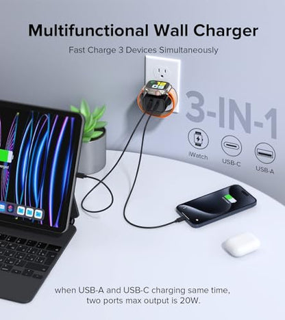 [3 in 1] USB C Charger Block for Apple Watch Charger Magnetic Fast Charging - color: Black