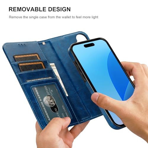 Bocasal Detachable Wallet Case Card Holder for iPhone 16 Plus, Blue | RFID Blocking Kickstand Card Slots Holder PU Leather Magnetic Shockproof Wrist Strap Removable Flip Protective Cover 6.7 inch - color: Blue