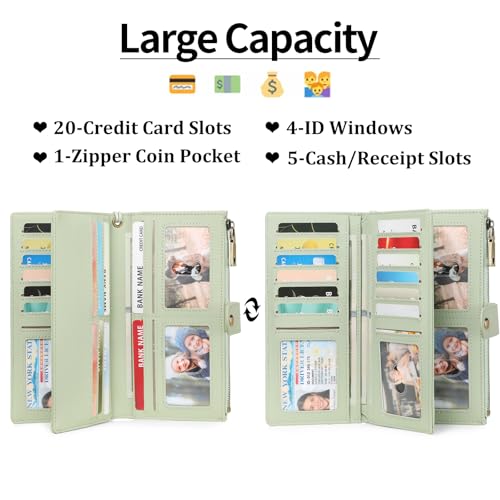 GAEKEAO Wallets for Women Leather RFID Blocking Large Capacity Card Case Ladies Wristlet Clutch Wallets Zipper Pocket with 4 ID Windows 20 Card Slots - color: Light Green