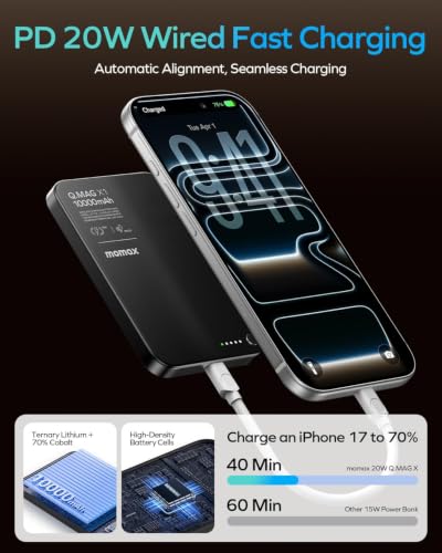MOMAX Magnetic Wireless Power Bank, 10000mAh Slim 0.5" Portable Charger - color: Black, size: 10000 mAh