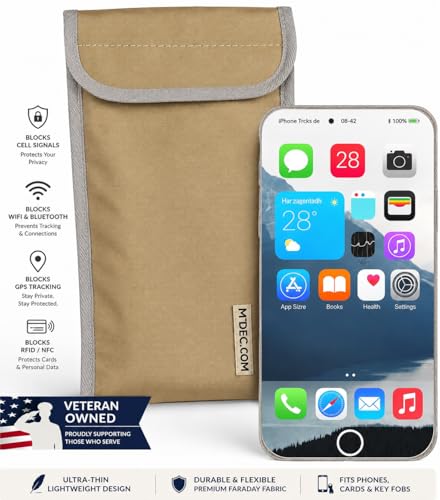 Faraday Phone Pouch Signal Blocking RFID/Cell/WiFi/GPS Shielding Bag Anti-Tracking Privacy Case for Smartphones & Key Fobs Dual-Layer RF Isolation with Ripstop Exterior Tan - color: Tan