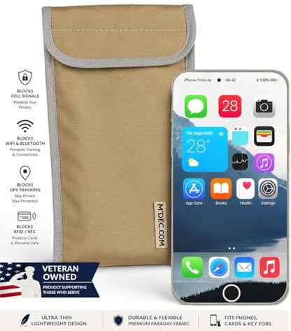 Faraday Phone Pouch Signal Blocking RFID/Cell/WiFi/GPS Shielding Bag Anti-Tracking Privacy Case for Smartphones & Key Fobs Dual-Layer RF Isolation with Ripstop Exterior Tan - color: Tan