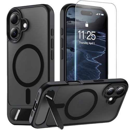 Magnetic for iPhone 17 Case with Stand Black | (Screen Protector)(Compatible with MagSafe)(Military Grade Shockproof) Translucent Matte Slim Phone Cover,Black - color: Black, size: For IPhone 17