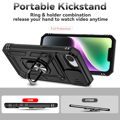 for iPhone 17E / iPhone 16E Case, with Camera Lens Cover HD Screen Protector, Dual Layer Military-Grade Drop Tested Magnetic Ring Holder Kickstand Protective Phone Case for iPhone 16E / 17E (Black) - color: Black with camera cover Military-Grade 2nd gen