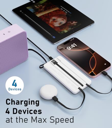 Portable Charger, Power Bank Built-in 4 Cables, Travel Essential - color: White