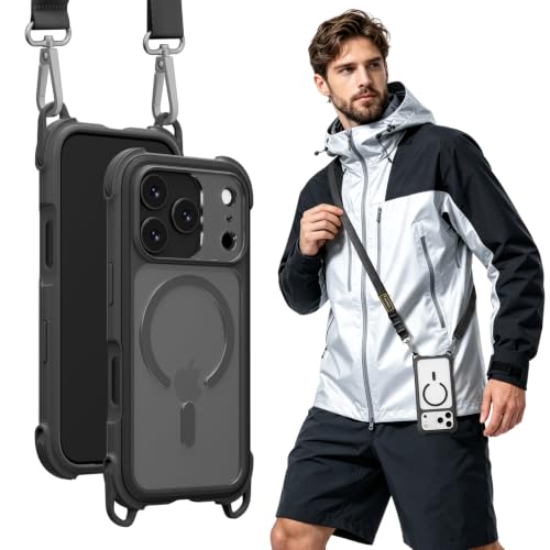 MAGEASY Odyssey MagSafe Crossbody iPhone Case with Strap for iPhone 18 Pro & 17 Pro, 20ft Drop Protection, TPU Leather Shoulder Phone Carrying Case with Adjustable Lanyard (Midnight) - color: Midnight, size: iPhone 18 Pro