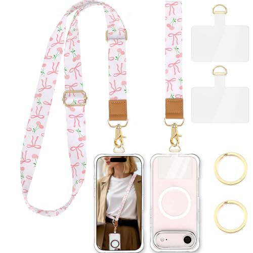 Phone Lanyard Crossbody Strap, Adjustable Neck Strap and Wristlet Strap for Phone Wallet ID Badge with 2 Phone Tabs - color: Bowknot Cherry