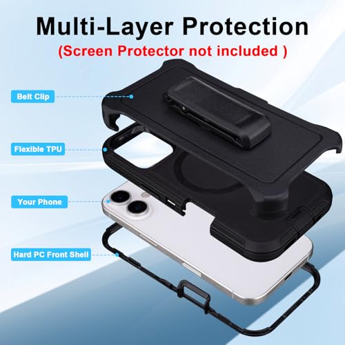 Phone Case for iPhone 16 Case with Belt Clip, Compatible with MagSafe | Defender for iPhone 16 Case with Kickstand, 3-Layer Heavy Duty Military Grade Drop Protection Cover for iPhone 16, Black - color: Black