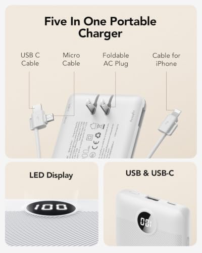 VRURC Portable Charger, Power Bank Built-in Cables and AC Wall Plug - color: White