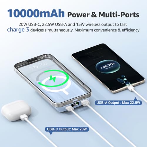 Azmuth for MagSafe Portable Charger, 10000mAh Magnetic Power Bank 20W PD | Fast Charging,Wireless Battery Pack with LED Display & Stand,Travel Essentials,for iPhone 17/16/15/14/13/12 Series - color: Light Blue