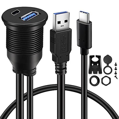 Type C 3.1 and USB 3.0 Car Mount Flush Cable Male to Female Waterproof Extension for Car Truck Boat Motorcycle Dashboard Panel - 3ft