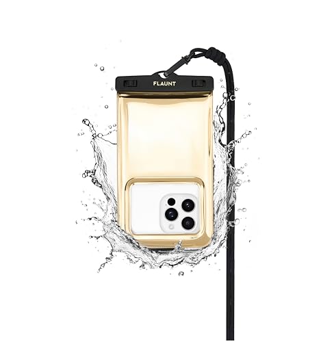 FLAUNT IP68 Waterproof Phone Pouch with Crossbody Lanyard - Gold Metallic | Large Stylish Touchscreen Floating Waterproof Phone Case - Fits All Phones and Cases - Beach Cruise Ship Travel Essentials - color: Gold Metallic