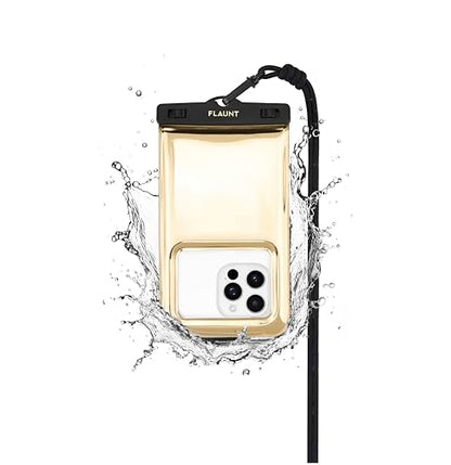 FLAUNT IP68 Waterproof Phone Pouch with Crossbody Lanyard - Gold Metallic | Large Stylish Touchscreen Floating Waterproof Phone Case - Fits All Phones and Cases - Beach Cruise Ship Travel Essentials - color: Gold Metallic