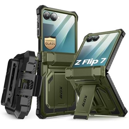i-Blason for Samsung Galaxy Z Flip 7 Case with Stand & Belt-Clip, Green | Built-in Screen Protector, Hinge Protection, Belt-Clip, KickStand, Full-Body Protection, Military - color: Guldan