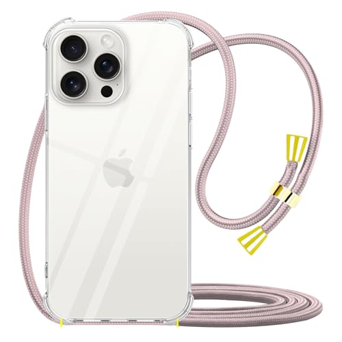 for iPhone 15 Pro Max Strap Case for Women Adjustable Strap Clear Anti-Yellowing Cover Soft TPU Bumper Transparent Shockproof Protective Phone Cover Case for iPhone 15 Pro Max - Rose Gold - size: for iPhone 15 Pro Max