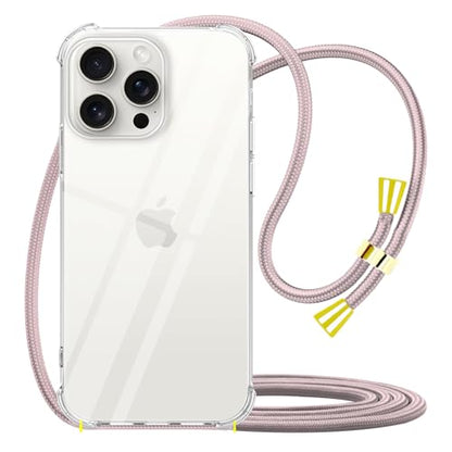 for iPhone 15 Pro Max Strap Case for Women Adjustable Strap Clear Anti-Yellowing Cover Soft TPU Bumper Transparent Shockproof Protective Phone Cover Case for iPhone 15 Pro Max - Rose Gold - size: for iPhone 15 Pro Max