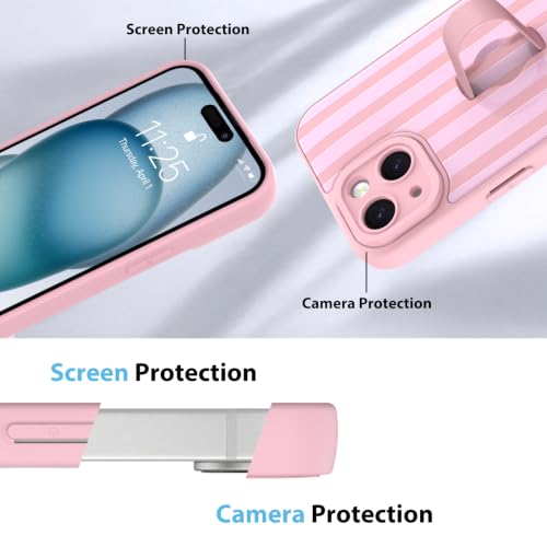 KANGHAR Compatible with iPhone 15 Case Stripes Pattern -Pink | Silicone Cute, Wristband Kickstand Camera Protection Soft Slim Cover for Girls Women - color: Pink-Stripes, size: iPhone 15