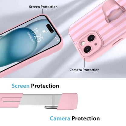 KANGHAR Compatible with iPhone 15 Case Stripes Pattern -Pink | Silicone Cute, Wristband Kickstand Camera Protection Soft Slim Cover for Girls Women - color: Pink-Stripes, size: iPhone 15