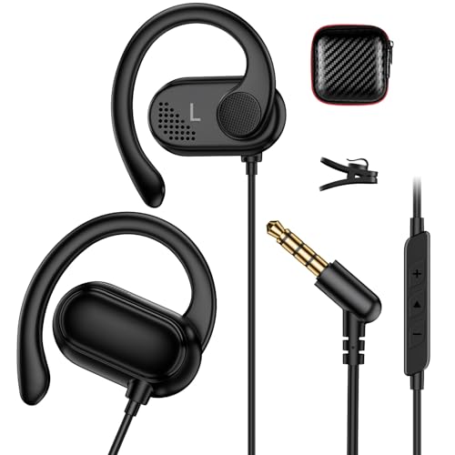 Open Ear Wired Earbuds 3.5mm Headphone with Mic Right Angled Ear Hook Black