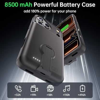 GIN FOXI for iPhone 17 Pro Max Battery Case with Stand, Charging Case Charger 8500mAh Ultra-Slim Lightweight Powerful Battery Pack 15W Fast Rechargeable Anti-Fall TPU Juice Box (6.9") Black
