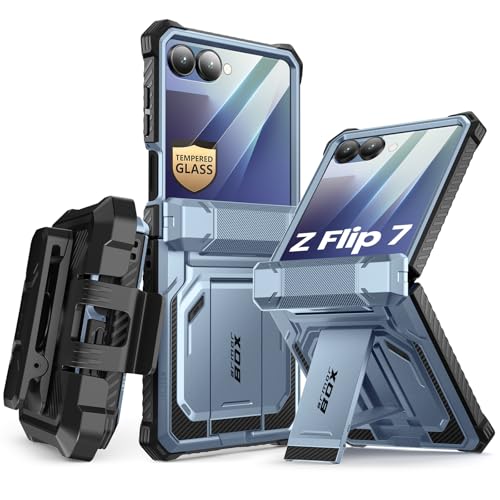 i-Blason for Samsung Galaxy Z Flip 7 Case with Stand & Belt-Clip, Blue | Built-in Screen Protector, Hinge Protection, Belt-Clip, KickStand, Full-Body Protection, Military - color: Tilt